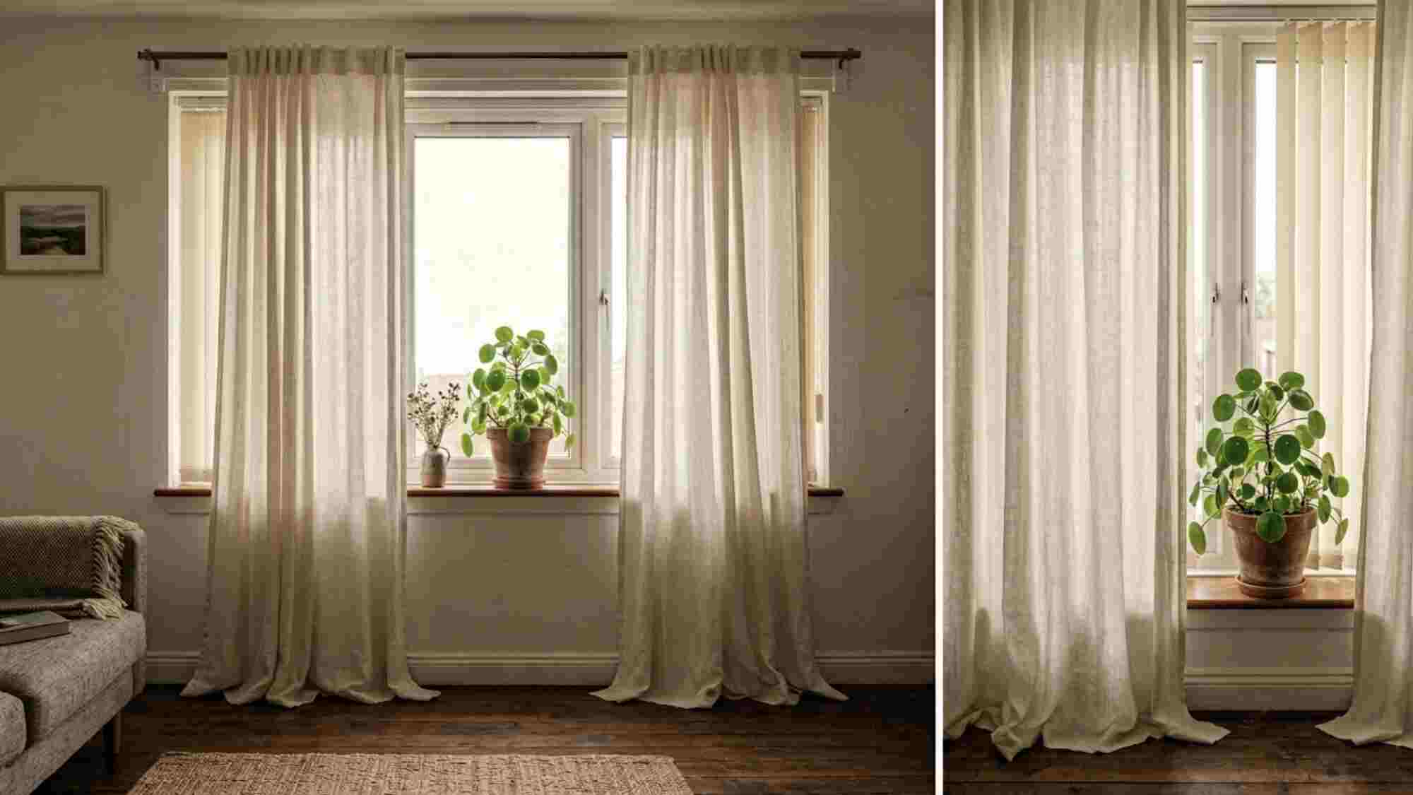 Floor to ceiling linen curtains hanging from adhesive curtain rod brackets above a rental apartment window covering builder grade blinds underneath
