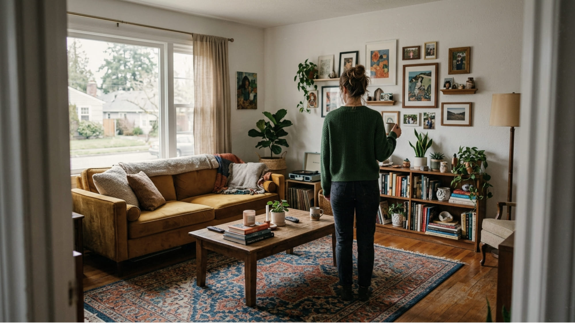 Woman standing in doorway holding a mug looking at her fully decorated rental apartment with rugs curtains plants shelves and warm lighting