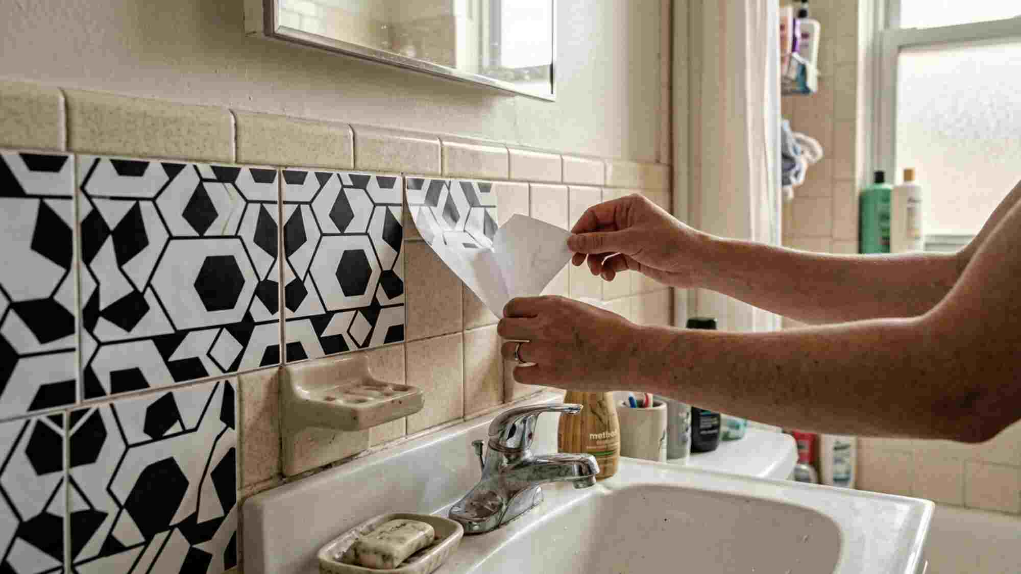 Hands applying black and white geometric peel and stick tiles over dated beige bathroom backsplash in a rental apartment