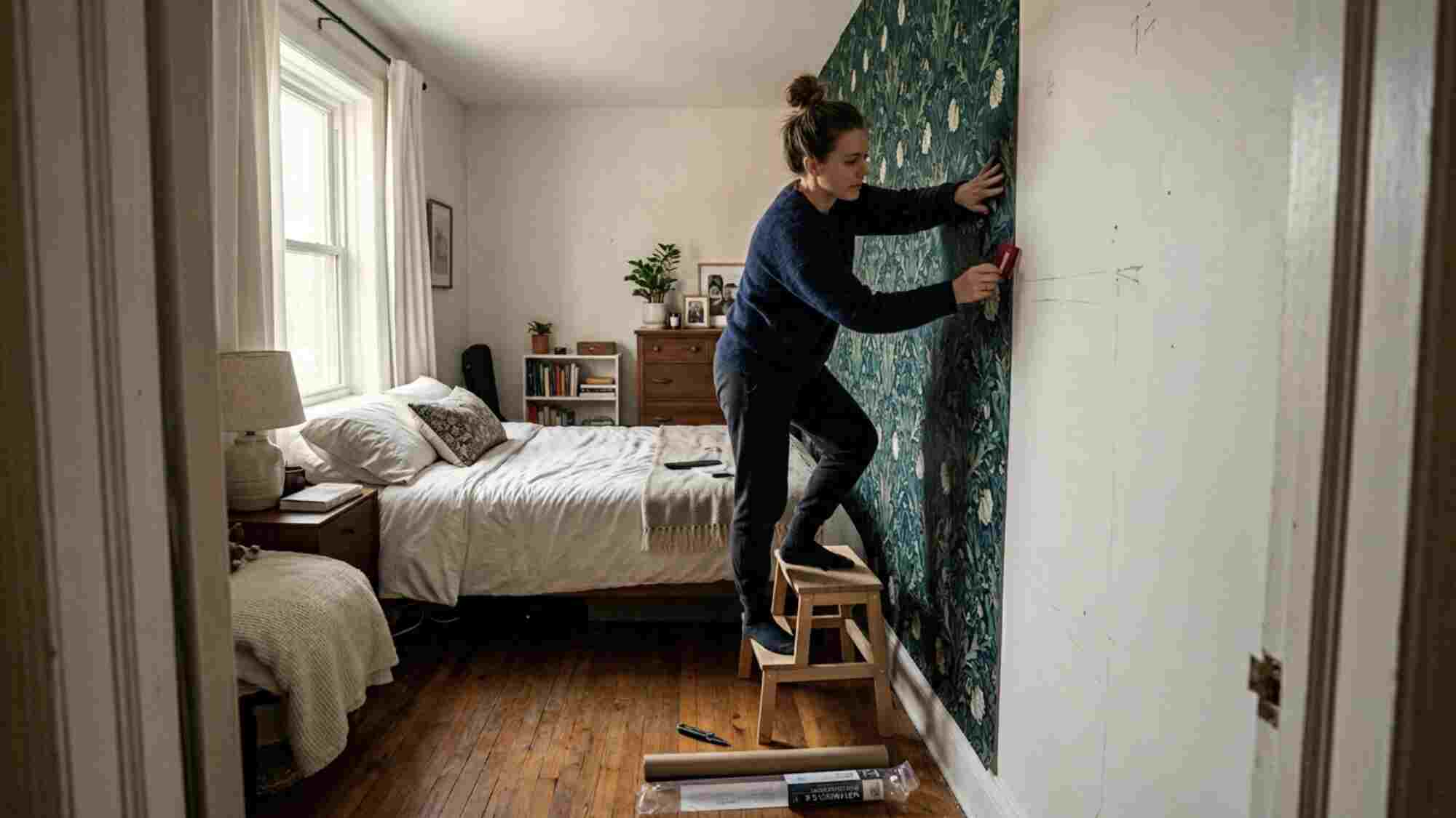 Woman smoothing dark botanical peel and stick wallpaper onto a rental bedroom accent wall with plain white wall still visible on one side