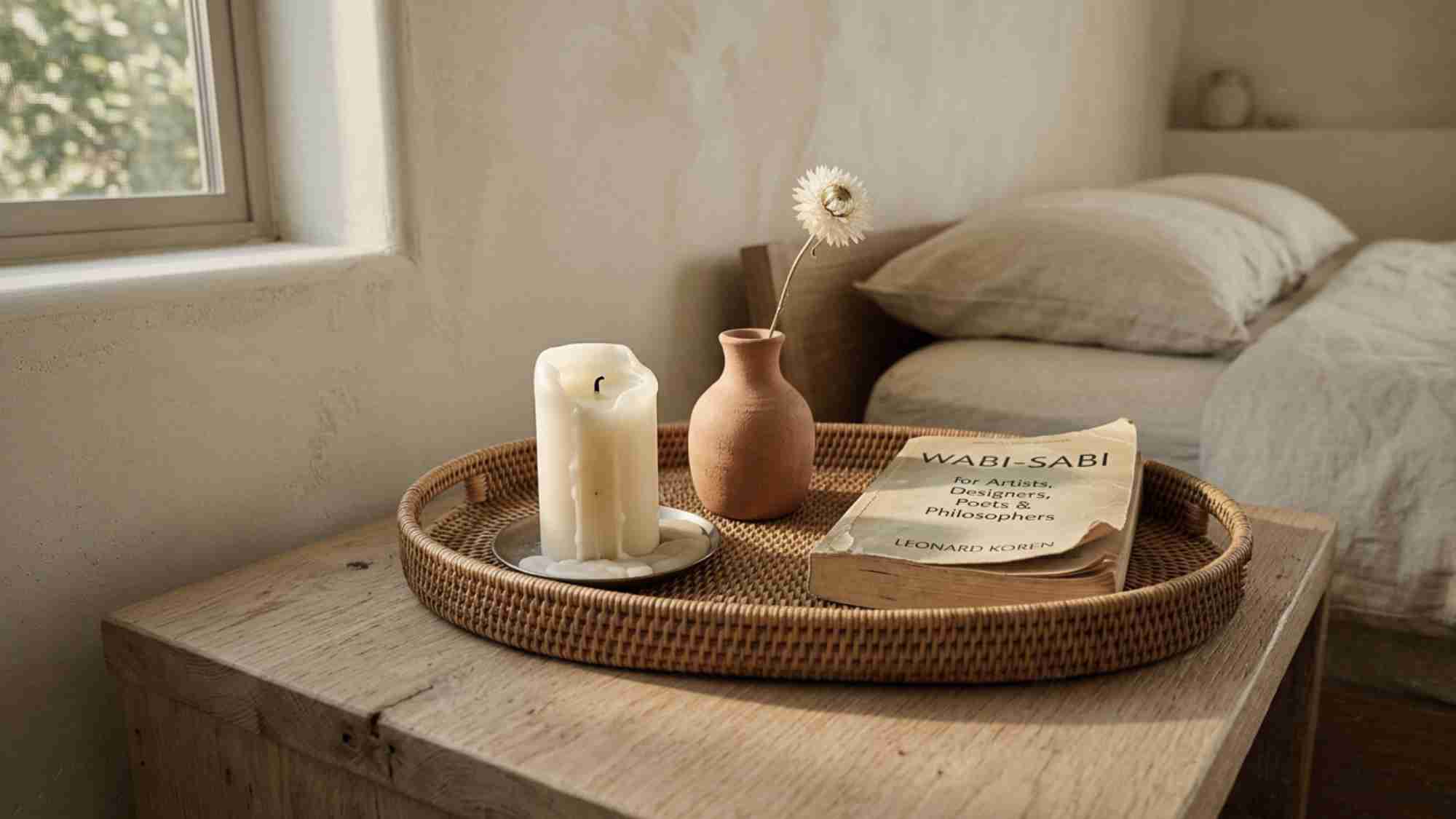 Rattan tray on oak nightstand styled with a small terracotta bud vase, white pillar candle, and paperback book in a Japandi bedroom