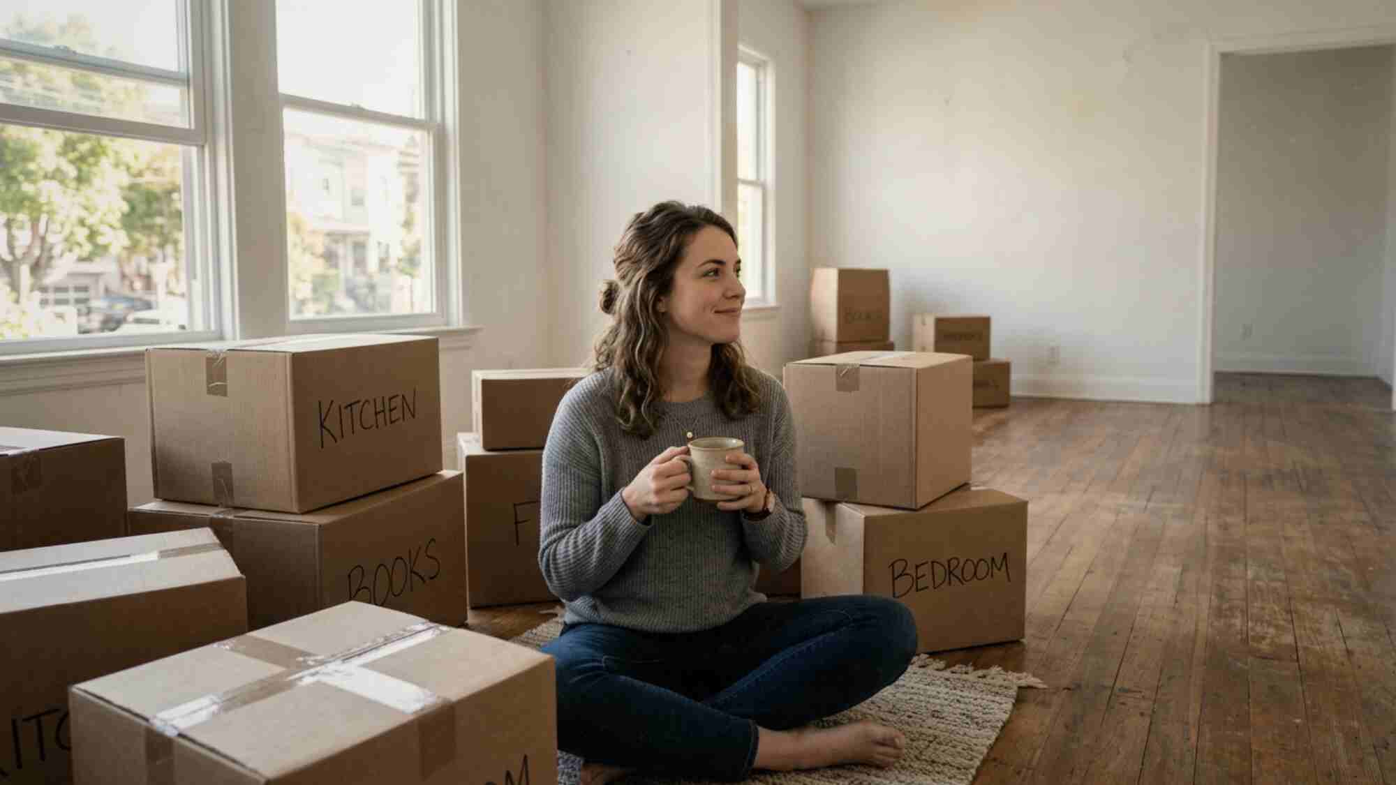 Woman sitting on empty rental apartment floor surrounded by moving boxes planning her room decorating ideas with coffee in hand
