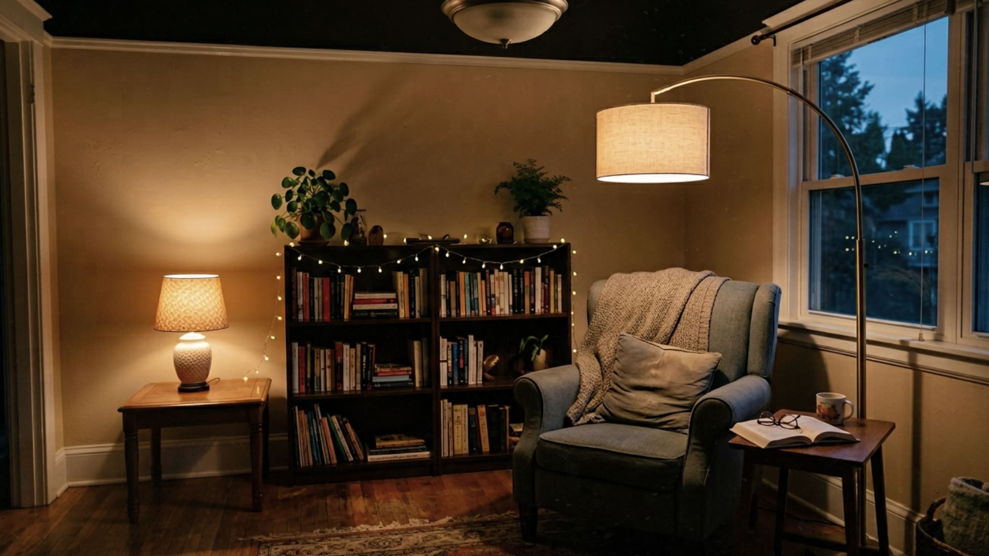 Cozy rental apartment corner at evening with arc floor lamp table lamp and string lights creating warm ambiance with overhead fixture switched off