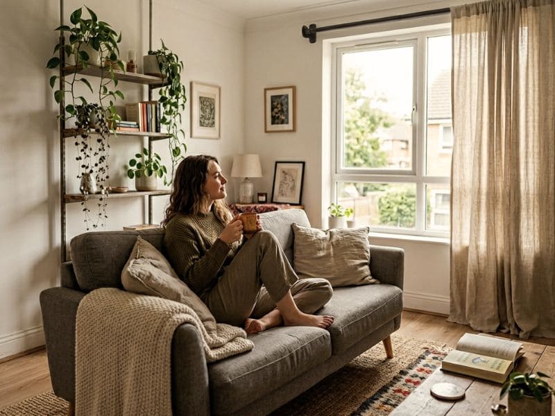 Young woman sitting on sofa in a renter-friendly room makeover with curtains, layered rugs, plants and leaning mirror in a cozy rental apartment