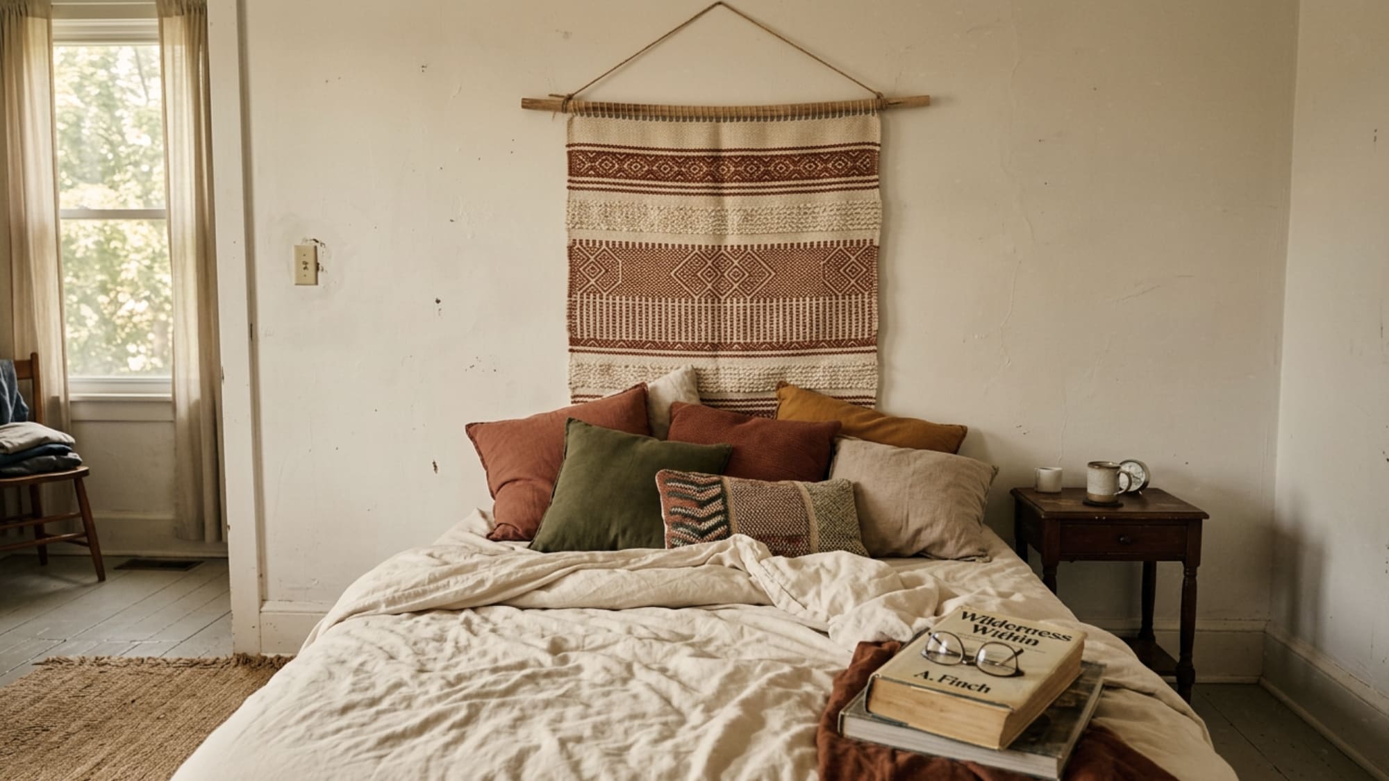 Woven cream and rust tapestry hung above an unmade bed as a headboard alternative in a rental bedroom with earthy toned throw pillows