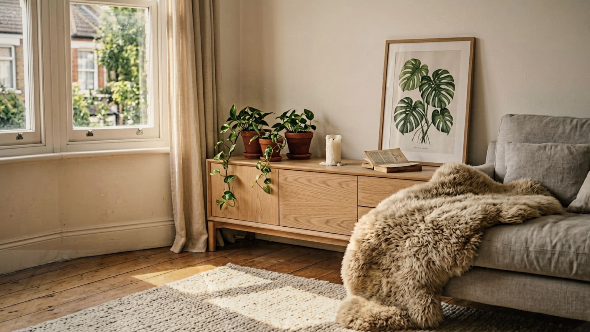 Cozy Scandinavian living room corner with ash wood sideboard, sheepskin throw, trailing pothos plants and warm afternoon window light on pale linen sofa