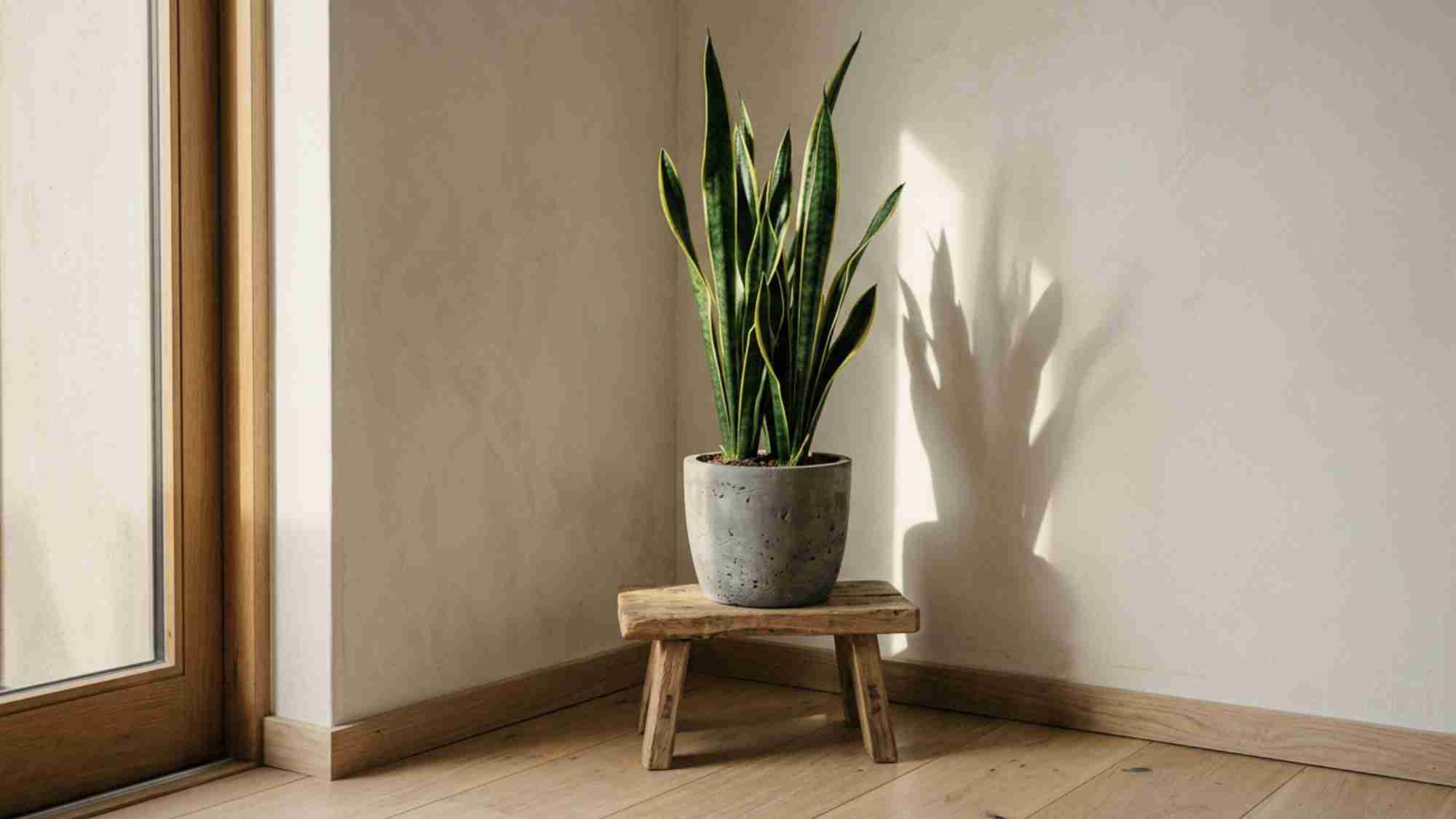 Single snake plant in a matte concrete pot on a low oak stool casting leaf shadows on a bare plaster wall in a minimalist Japandi bedroom corner