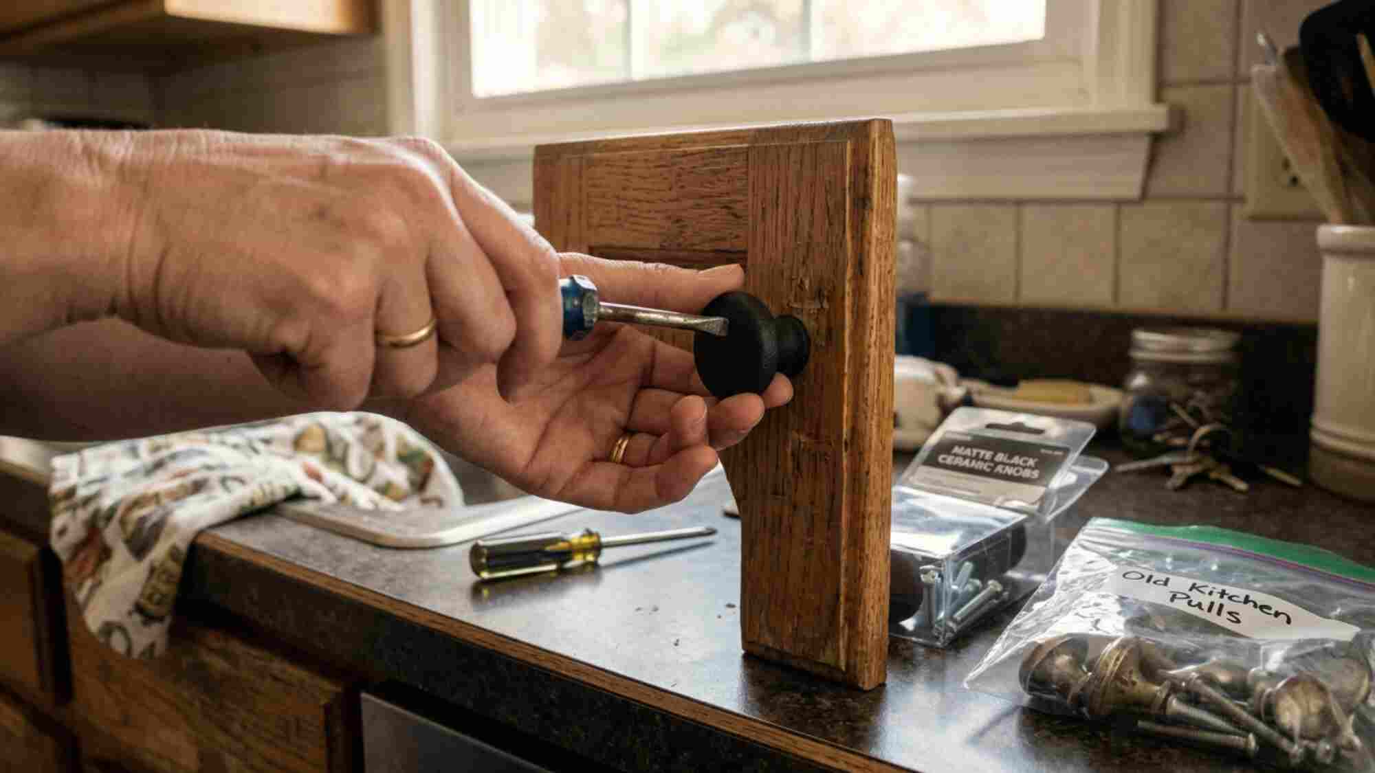 Hand tightening a matte black ceramic cabinet knob onto an oak kitchen cabinet in a rental with old silver builder grade hardware sitting discarded nearby