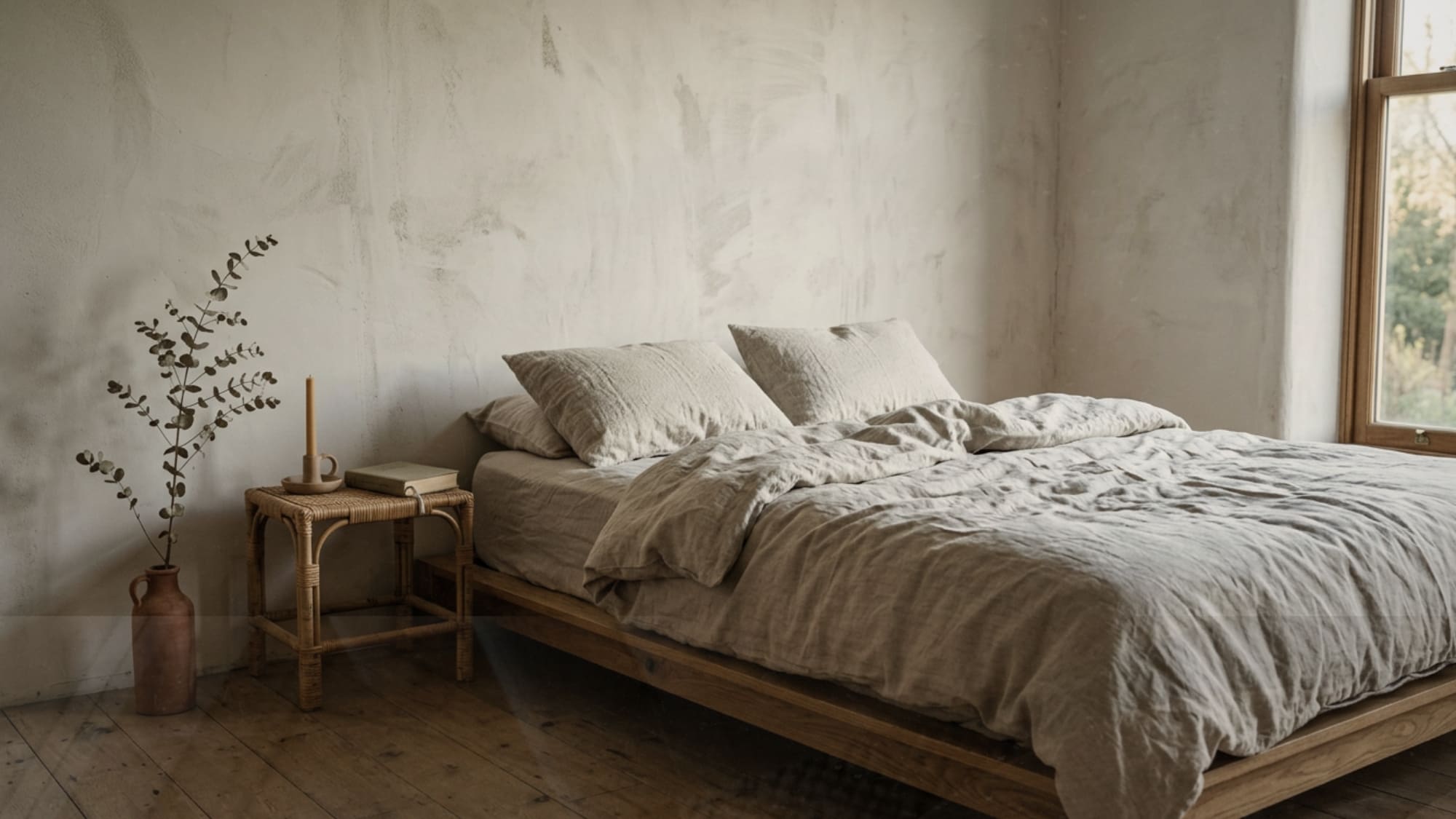 Wabi-sabi bedroom with rumpled undyed linen bedding on a low oak bed frame, cane bedside table, and limewash wall in morning light