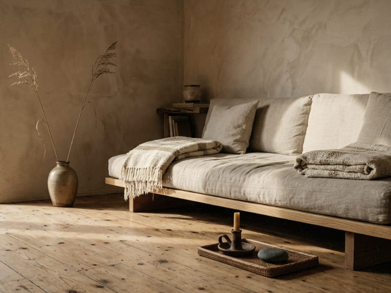 Wabi-sabi decor living space with low oak sofa, dried grasses, and limewash plaster walls in warm afternoon light