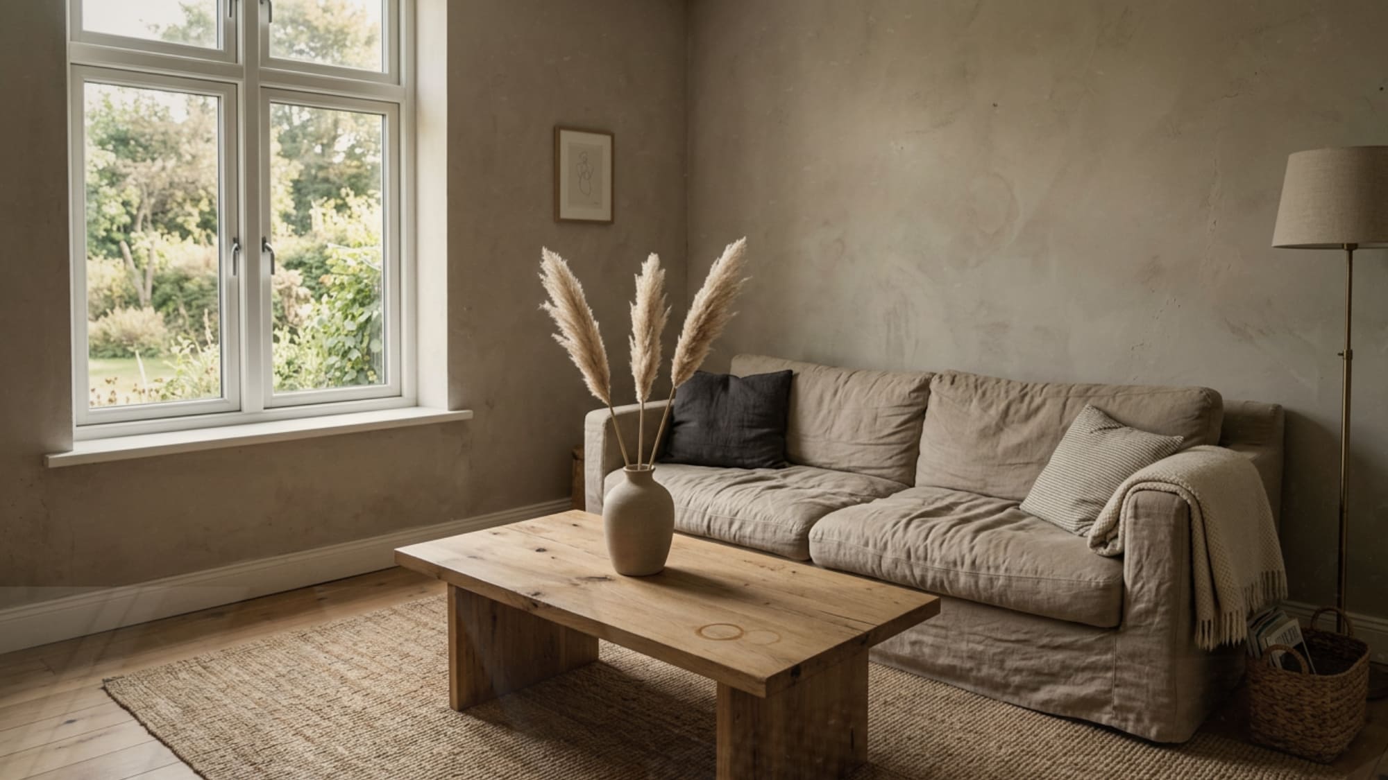 Wabi-sabi interior corner with rumpled linen sofa, raw oak coffee table, and single ceramic vase with dried pampas stems