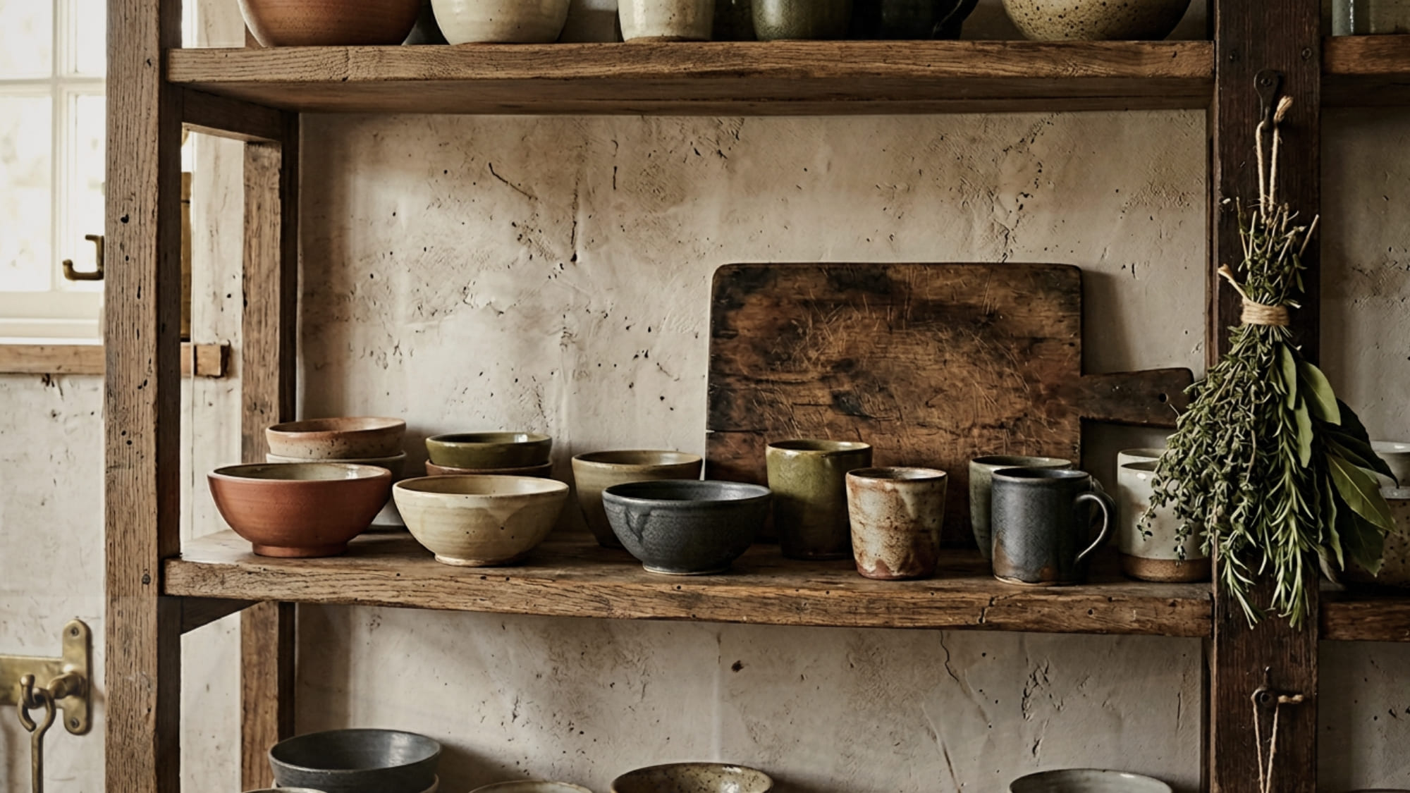 Open wooden kitchen shelves styled with mismatched handmade ceramics, dried herbs, and a worn chopping board in natural daylight