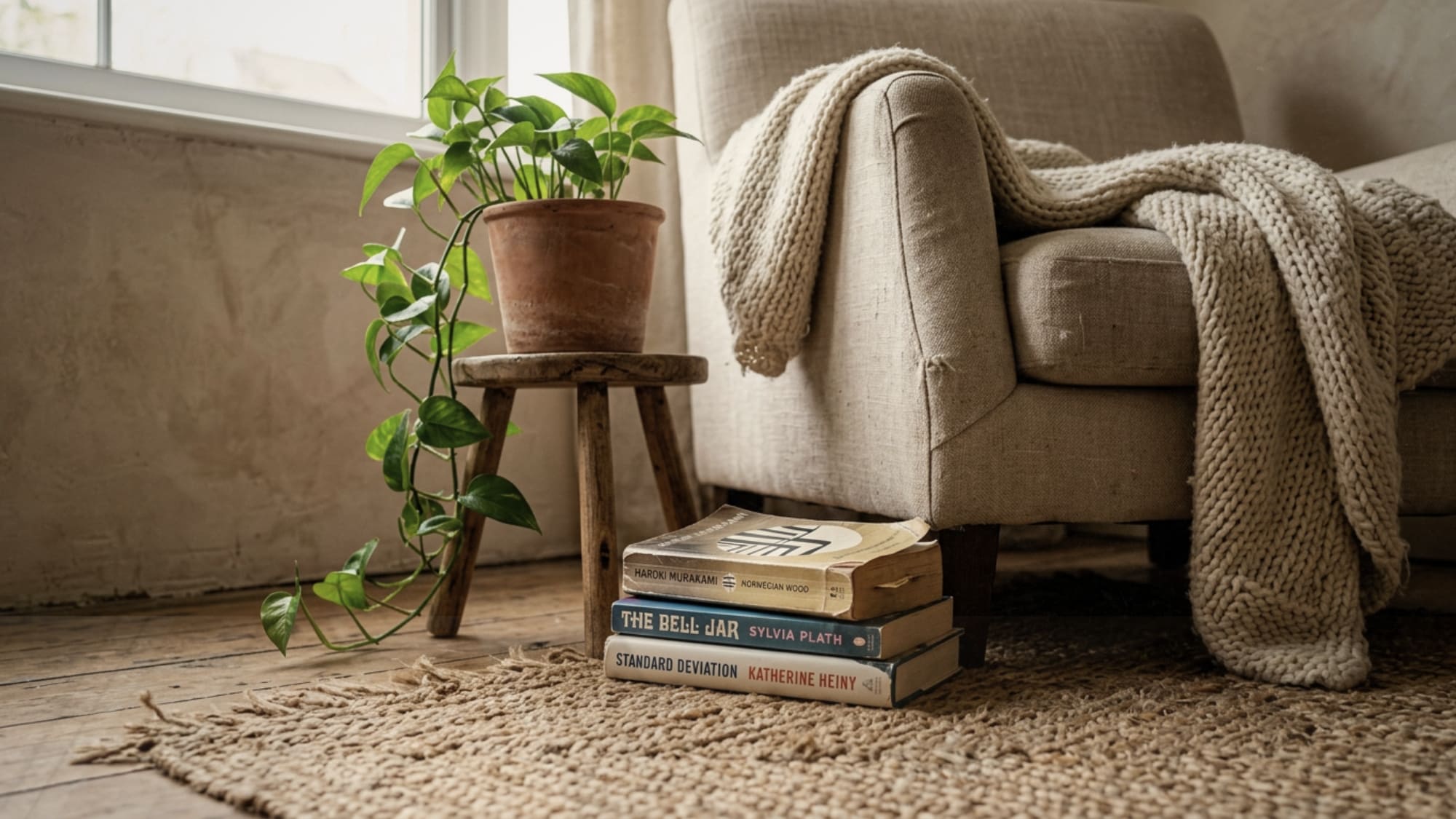 Wabi-sabi living room corner showing chunky wool throw, worn linen chair, jute rug, and trailing plant on wooden stool