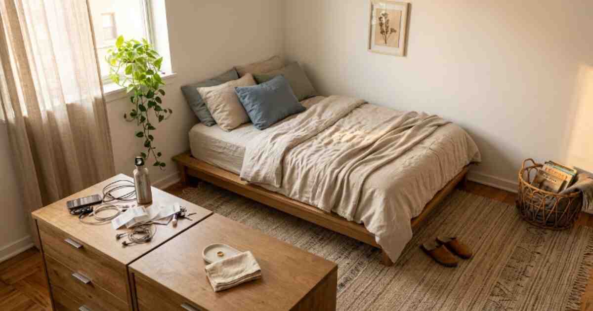 Full Japandi bedroom scene in a rental apartment with second-hand oak dresser, trailing pothos, woven rug, and sheer linen curtains in golden hour light