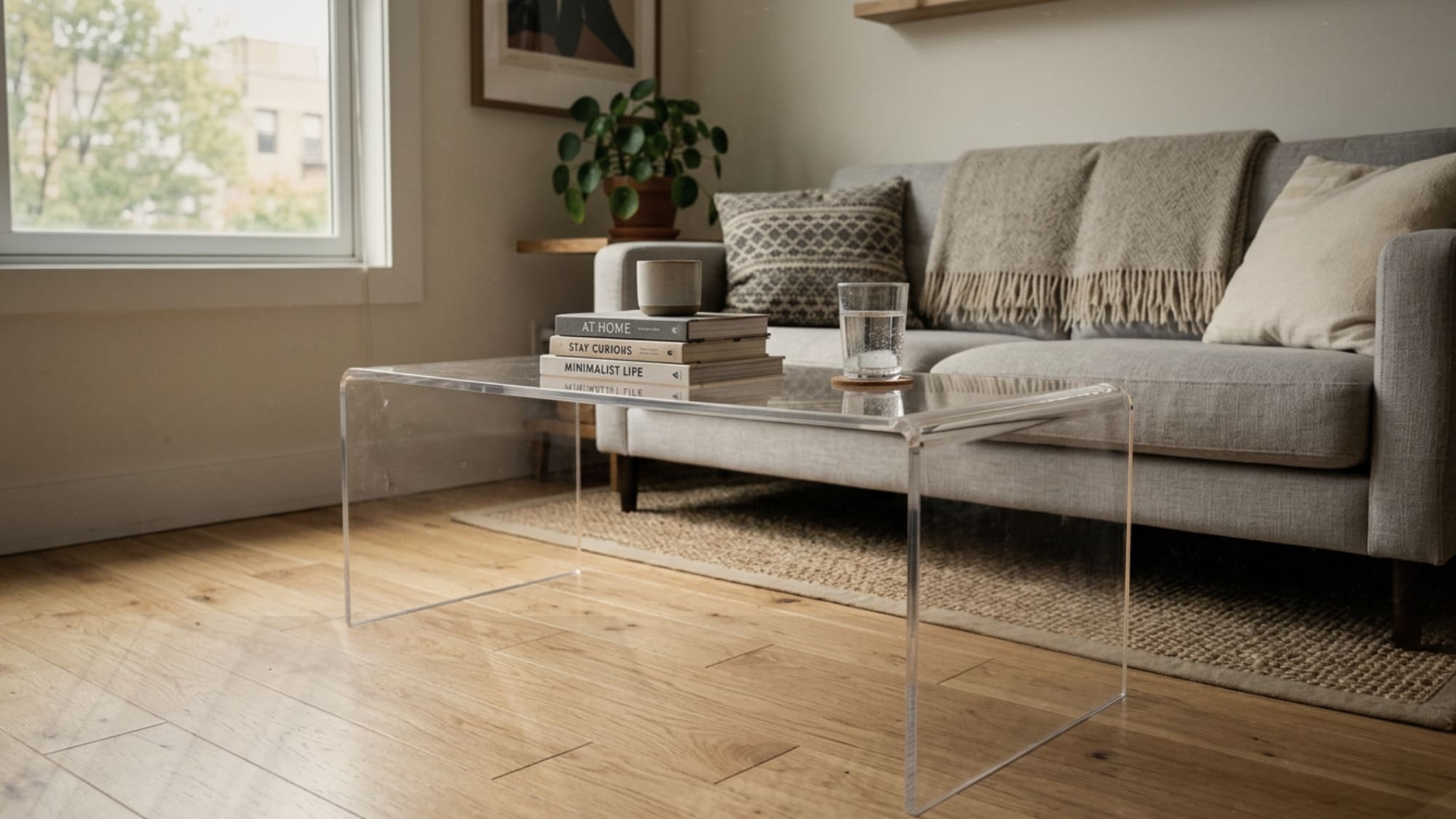 Clear acrylic coffee table in a small apartment living room letting the floor show through and reducing visual clutter