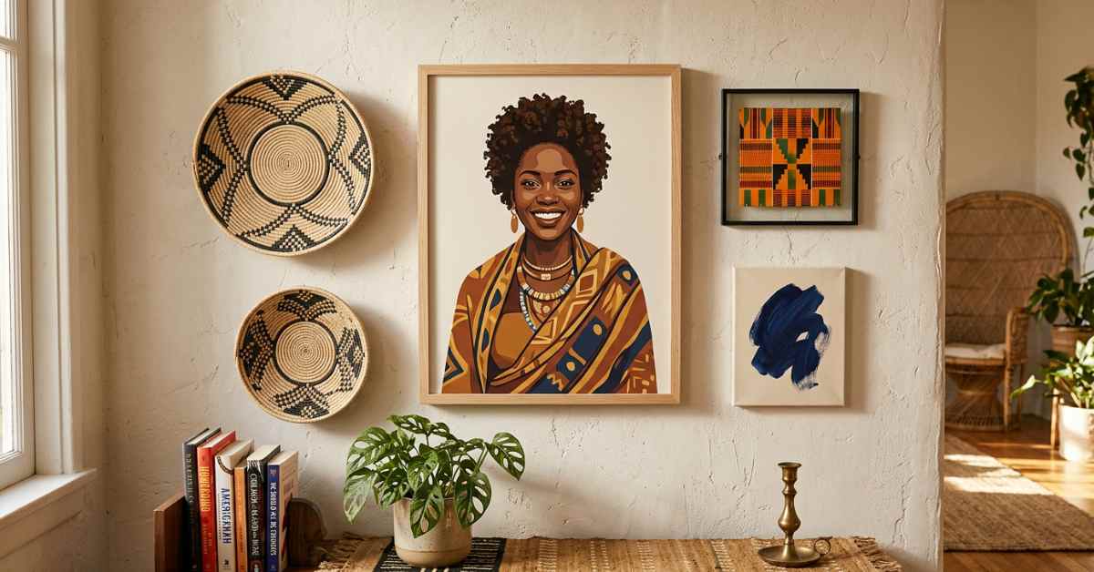 Afrocentric gallery wall in an Afrohemian living room featuring a bold portrait illustration of a Black woman, kente fabric in a frame, flat woven wall baskets, and an abstract indigo canvas arranged organically on a warm plaster wall