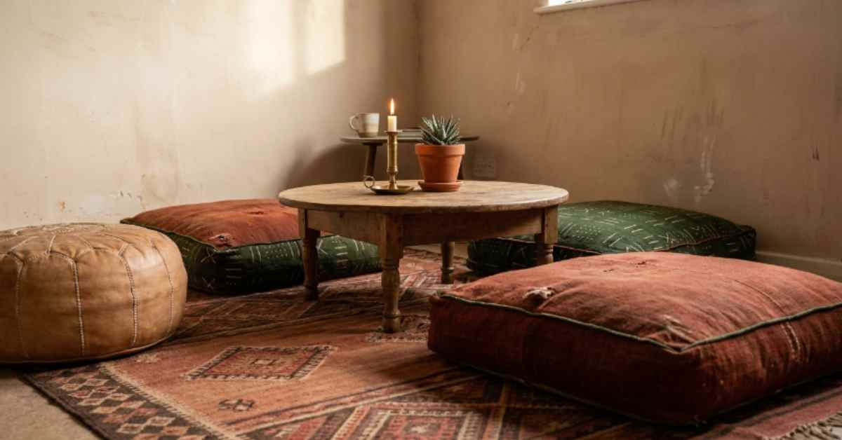 Relaxed Afrohemian floor seating setup with mudcloth floor cushions in rust and forest green, a tan leather Moroccan pouf, low round wooden coffee table, kilim rug, and a brass candleholder on a terracotta tray
