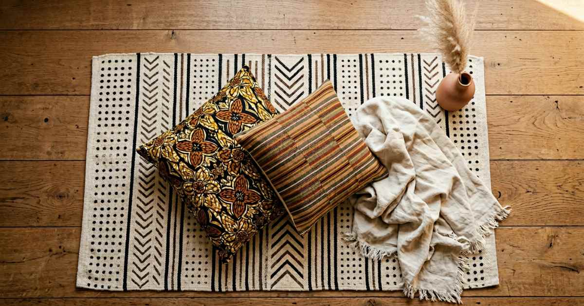 Afrohemian layered textile flat lay showing a mudcloth geometric rug, Ankara wax print pillow, kente-stripe cushion, cream linen throw, and dried pampas grass in a terracotta vase