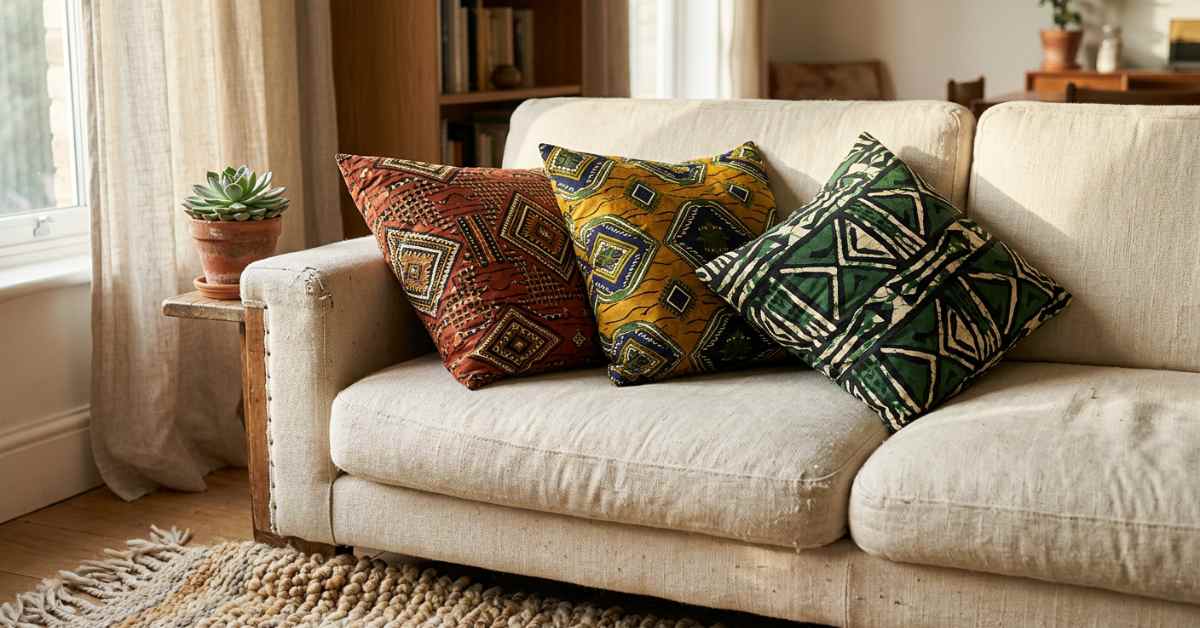 Afrohemian living room ideas featuring bold Ankara print cushions in terracotta, mustard, and forest green on a cream linen sofa with a hand-knotted wool rug underneath