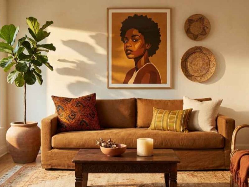 Afrohemian living room ideas with a caramel linen sofa, Ankara print pillows, carved wood coffee table, fiddle leaf fig in clay pot, and bold portrait wall art in warm afternoon light