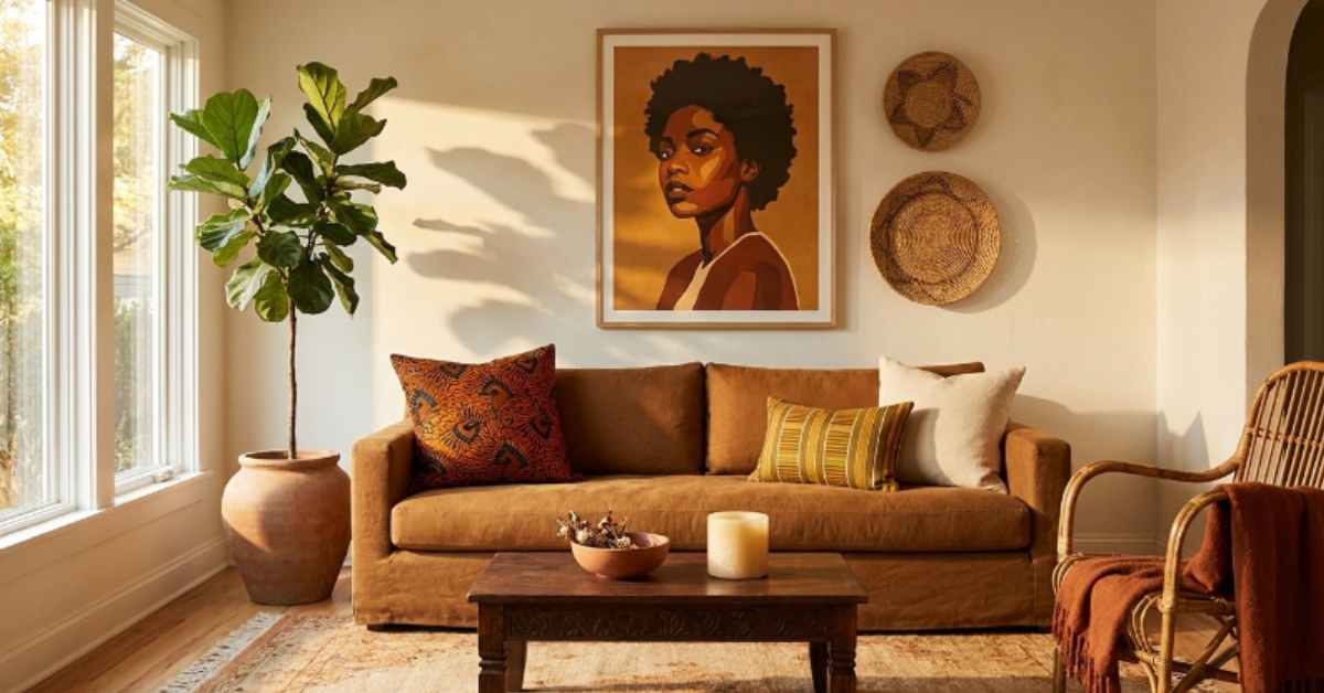 Afrohemian living room ideas with a caramel linen sofa, Ankara print pillows, carved wood coffee table, fiddle leaf fig in clay pot, and bold portrait wall art in warm afternoon light