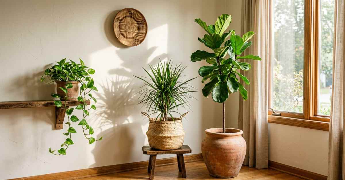 Afrohemian living room corner with a tall fiddle leaf fig in a handmade terracotta pot, dracaena in a woven seagrass basket, and trailing pothos on a shelf, styled with warm natural window light