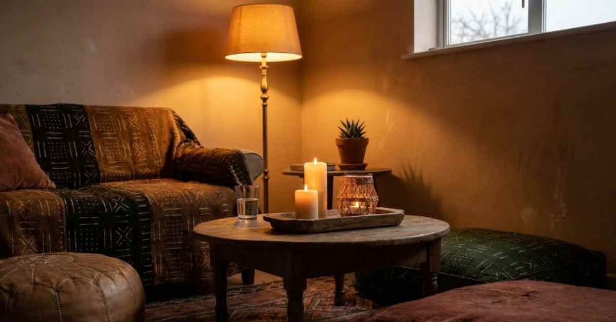 Afrohemian living room at dusk lit by a brass floor lamp, two burning pillar candles on a wooden tray, and a woven lantern with a tea light, casting warm golden light across a mudcloth throw and terracotta wall
