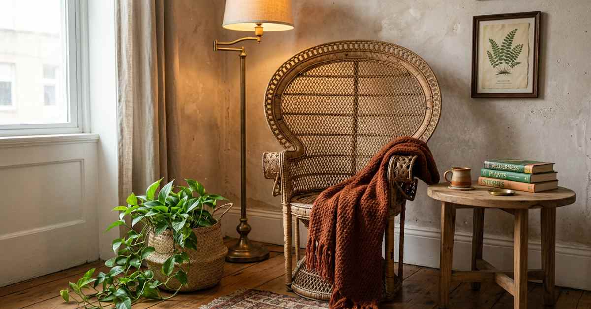 Vintage rattan peacock chair styled in an Afrohemian living room corner with a rust chunky knit throw, wooden side table, stacked books, brass floor lamp, and trailing pothos in a woven basket
