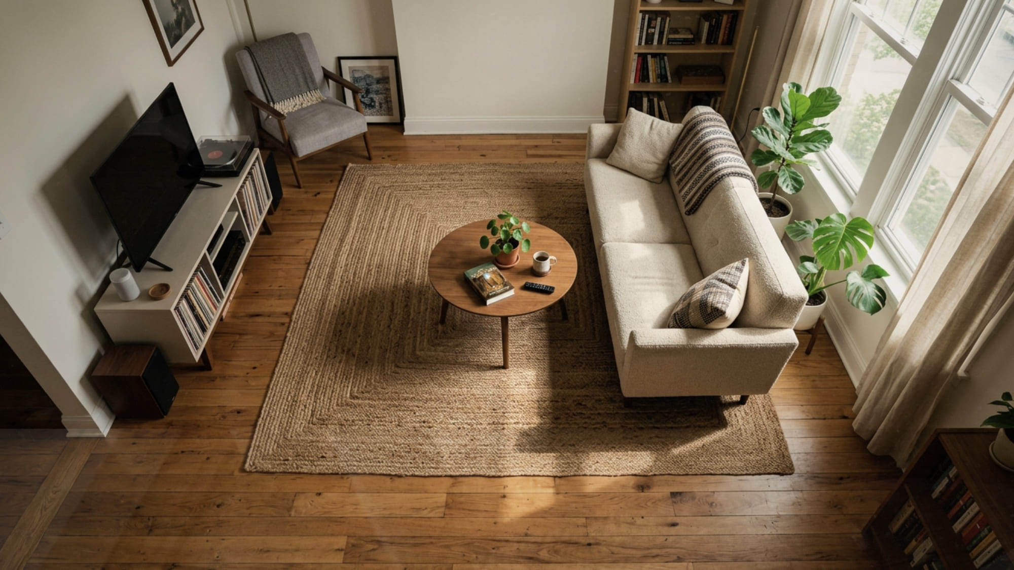 Jute area rug in a small living room with visible hardwood floor border on all sides to make the space feel larger