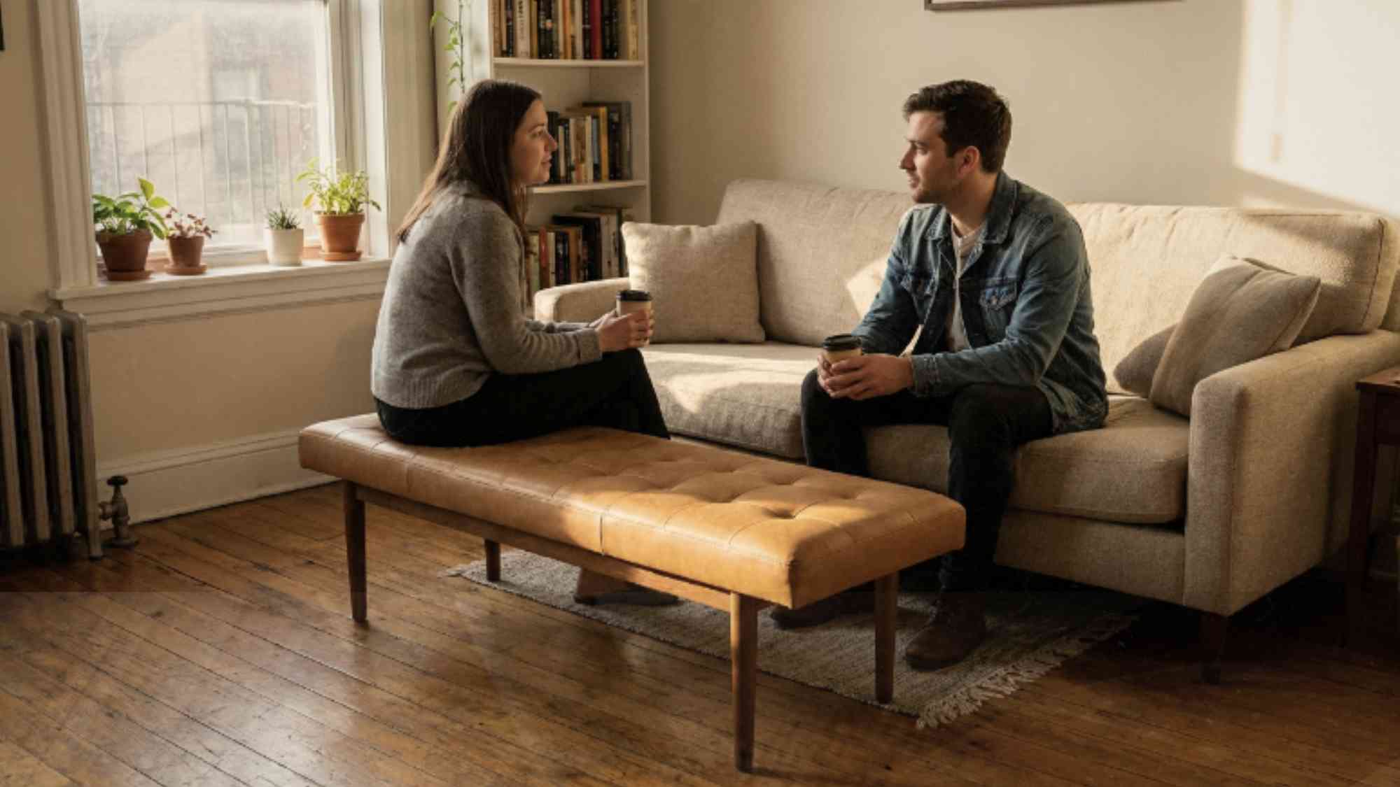 Slim camel leather bench in front of a sofa in a small living room taking up less space than two armchairs would
