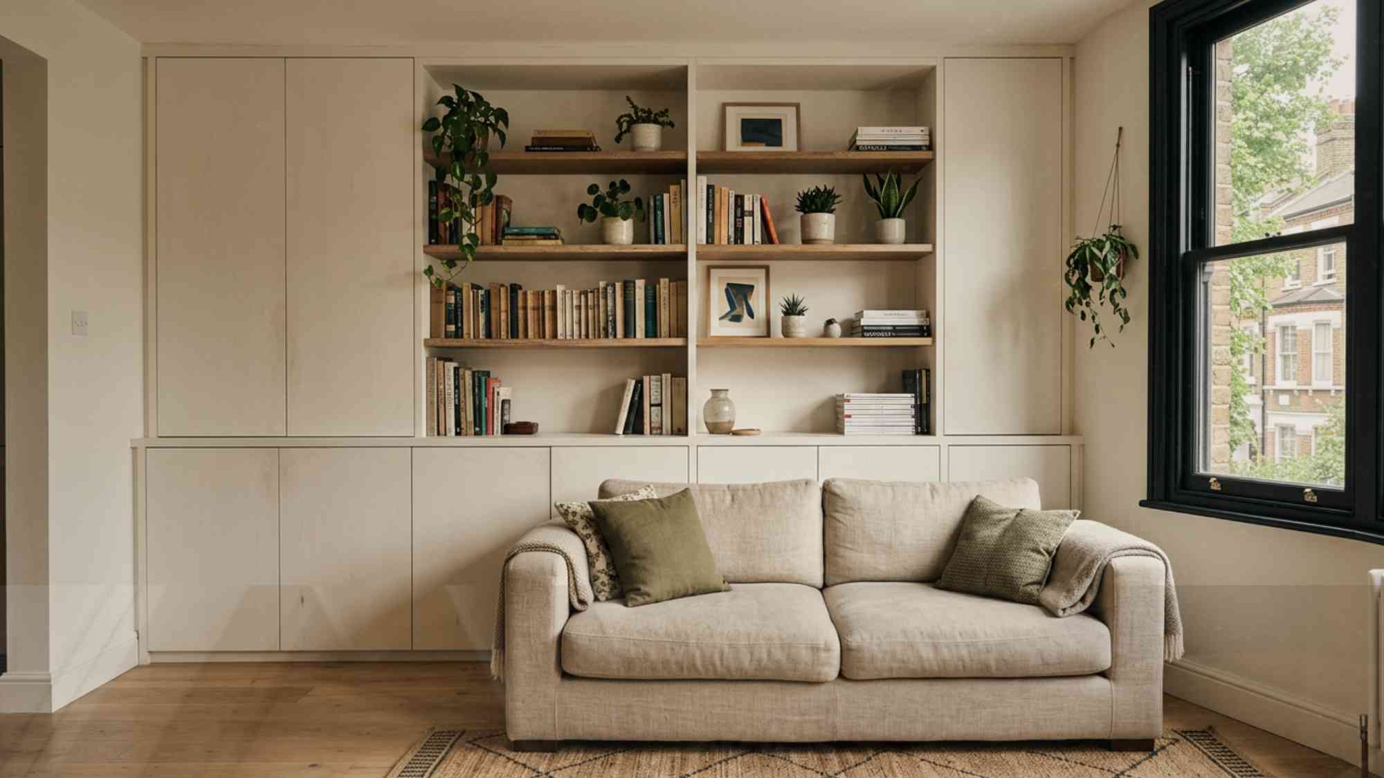 Custom built-in cabinetry with open upper shelves and closed lower cabinets in a small apartment living room