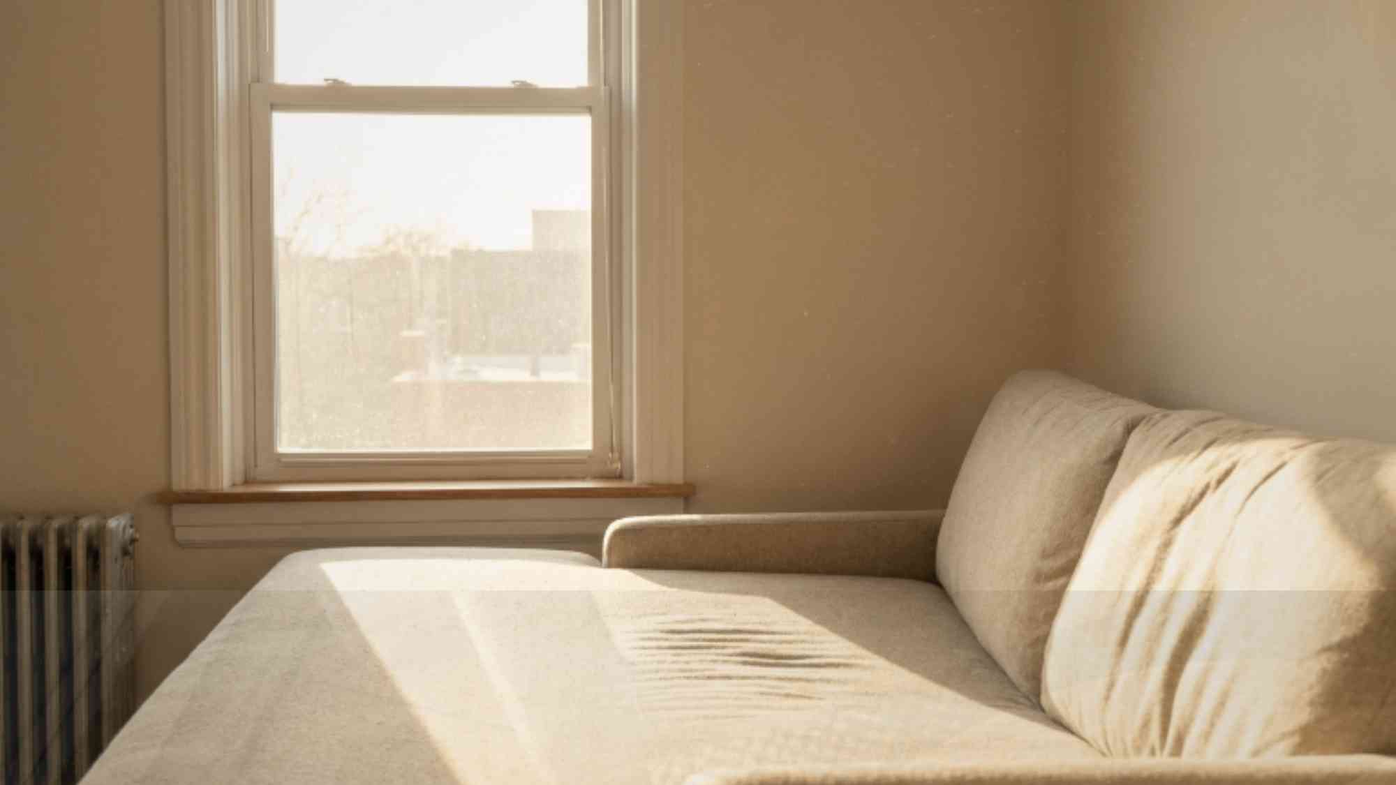 Completely clear window sill in a small apartment living room allowing unobstructed morning light to flood across the floor