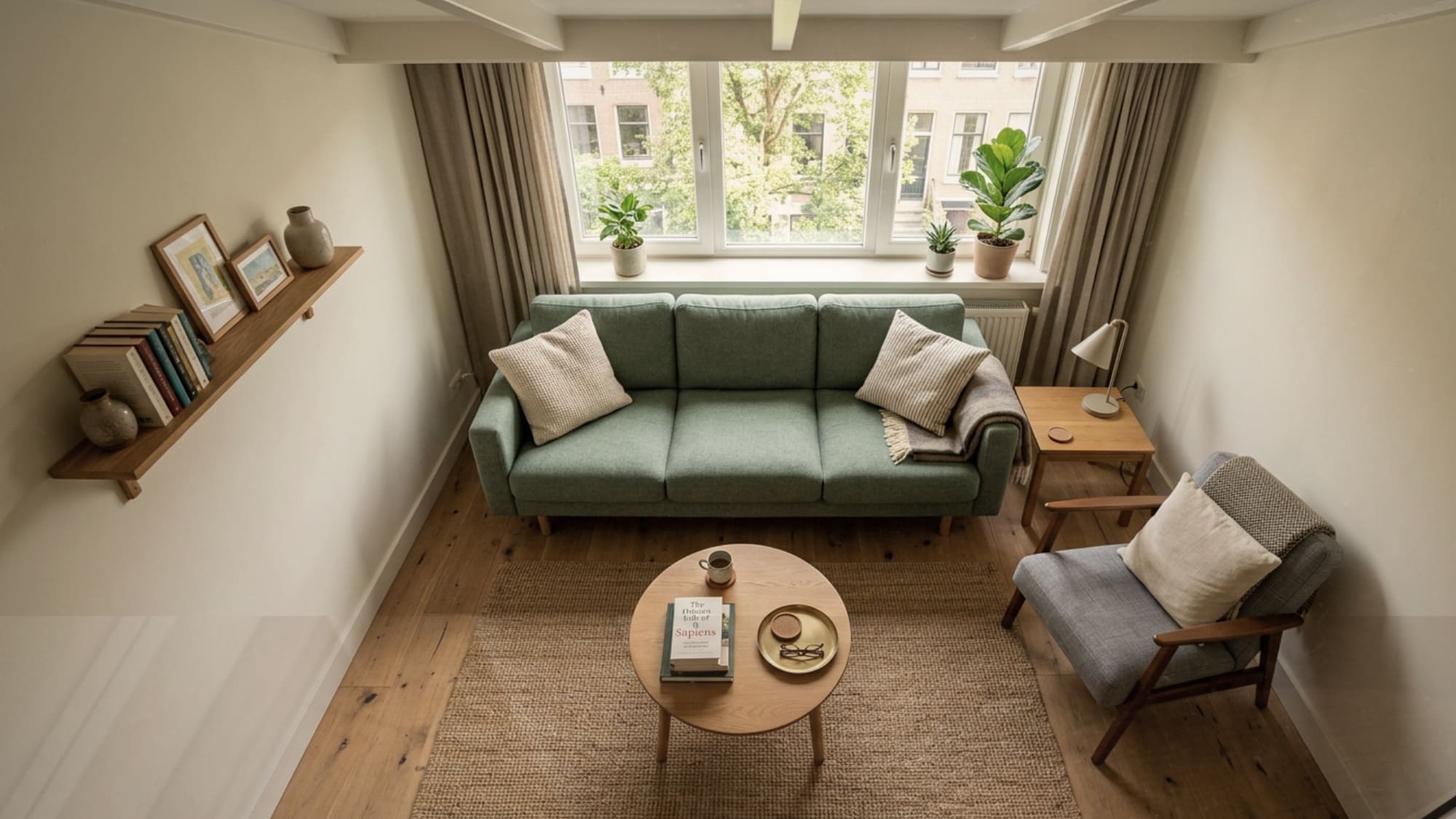 Compact three-seater sofa in a small living room layout with clear floor space on all sides for a balanced proportioned feel