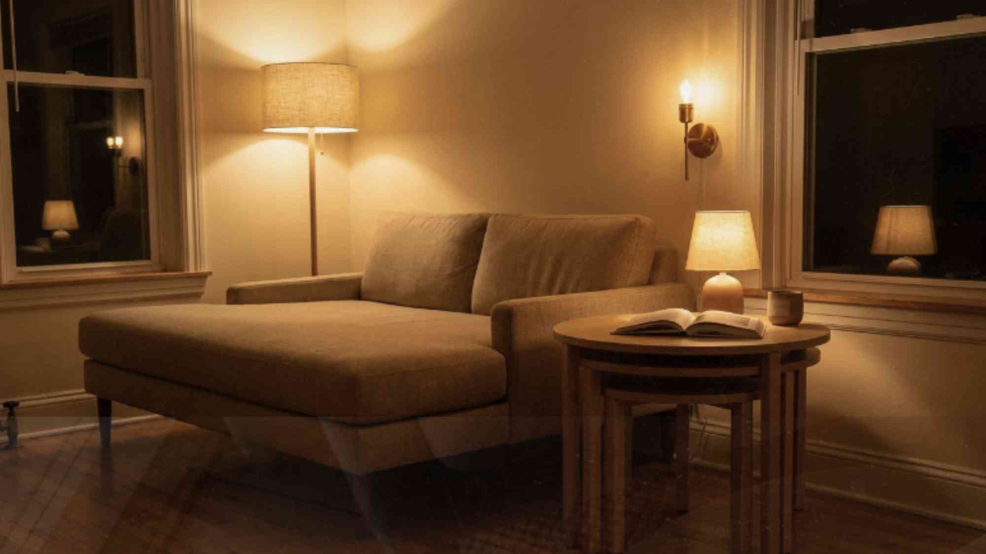Slim oak console table positioned behind a sofa in a studio apartment acting as a visual room divider between living zones