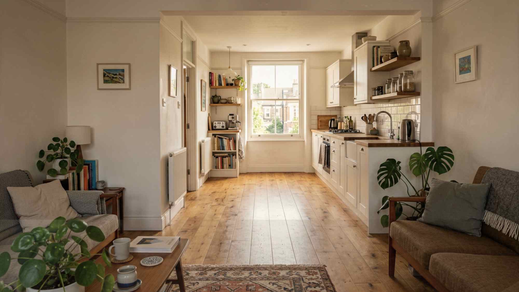 Same hardwood flooring running from the living room into the kitchen in a small open-plan apartment making the space feel larger