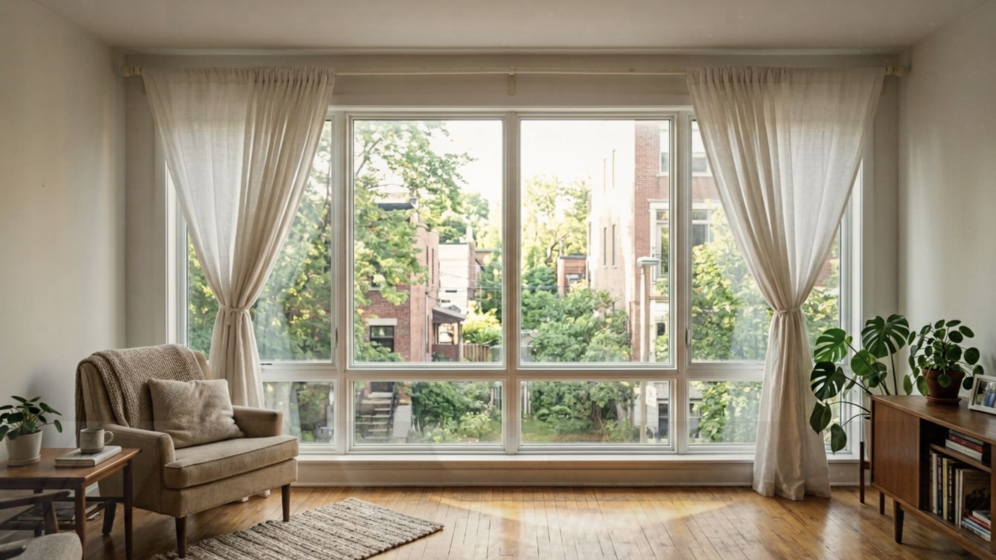 White linen curtains hung close to the ceiling and extending past the window frame to make a small apartment window look larger