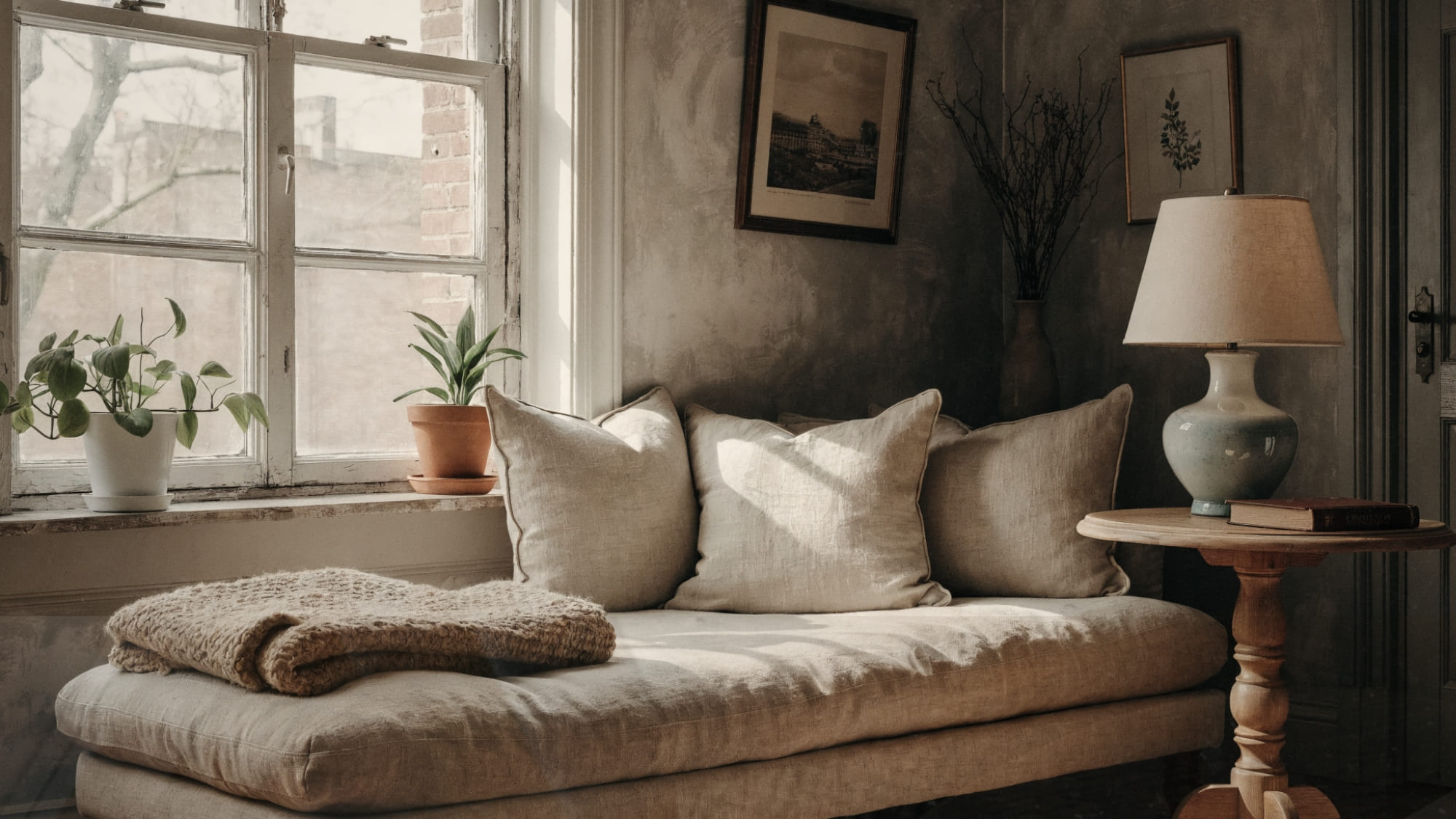Linen daybed styled as a sofa in a small studio apartment with throw pillows and a folded blanket during daytime