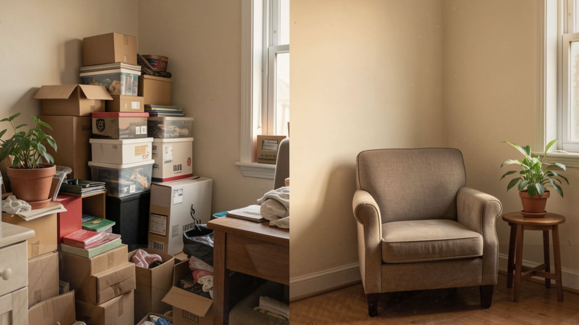 Before and after of a small living room corner showing how decluttering one area opens up the whole space