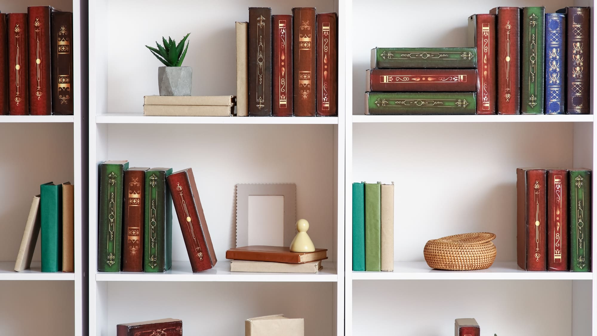 Floor-to-ceiling bookshelves in a small apartment living room drawing the eye upward to make the ceiling feel higher