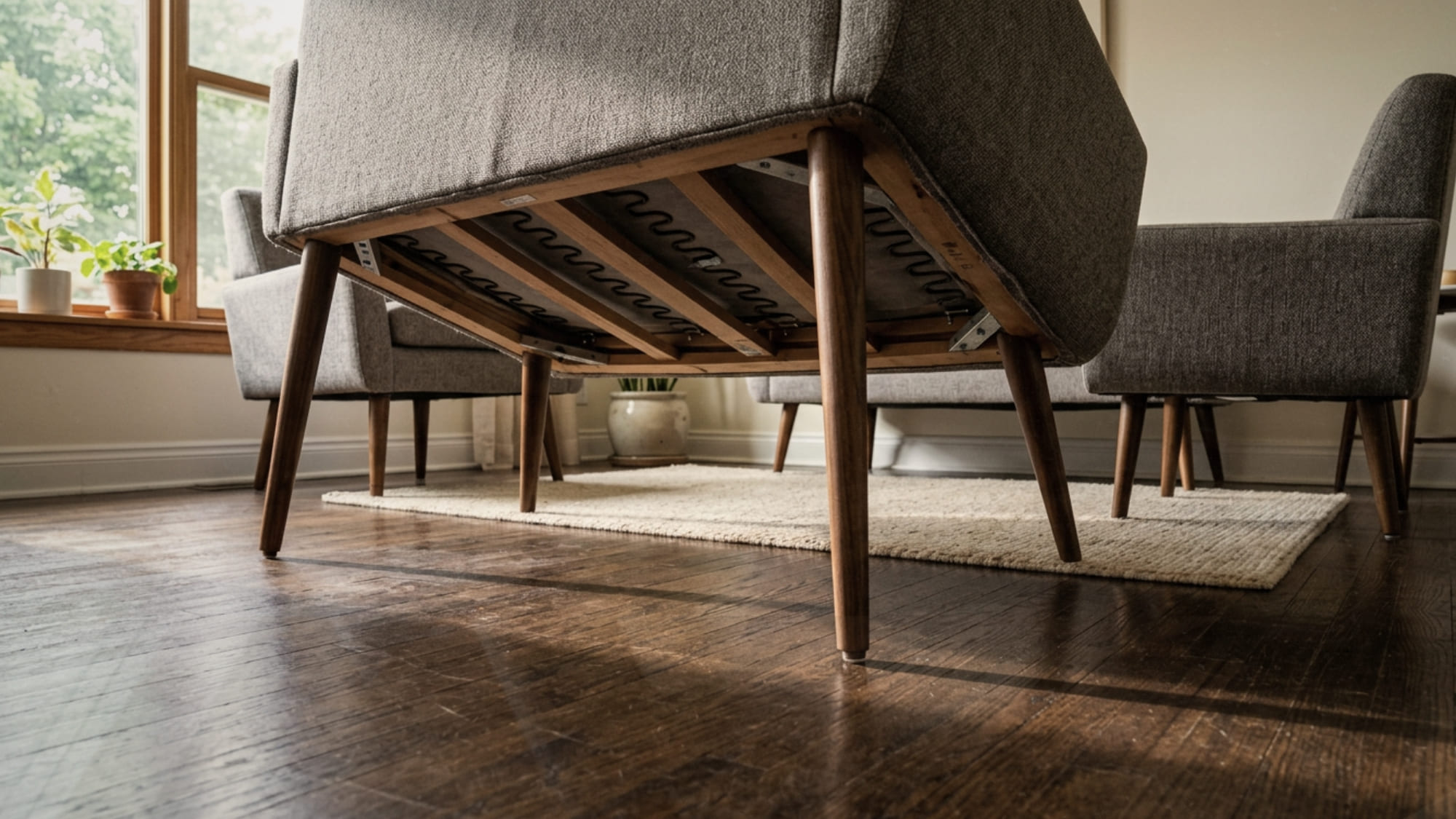 Small living room sofa and chairs with slim tapered legs showing visible floor beneath to create an open airy feel