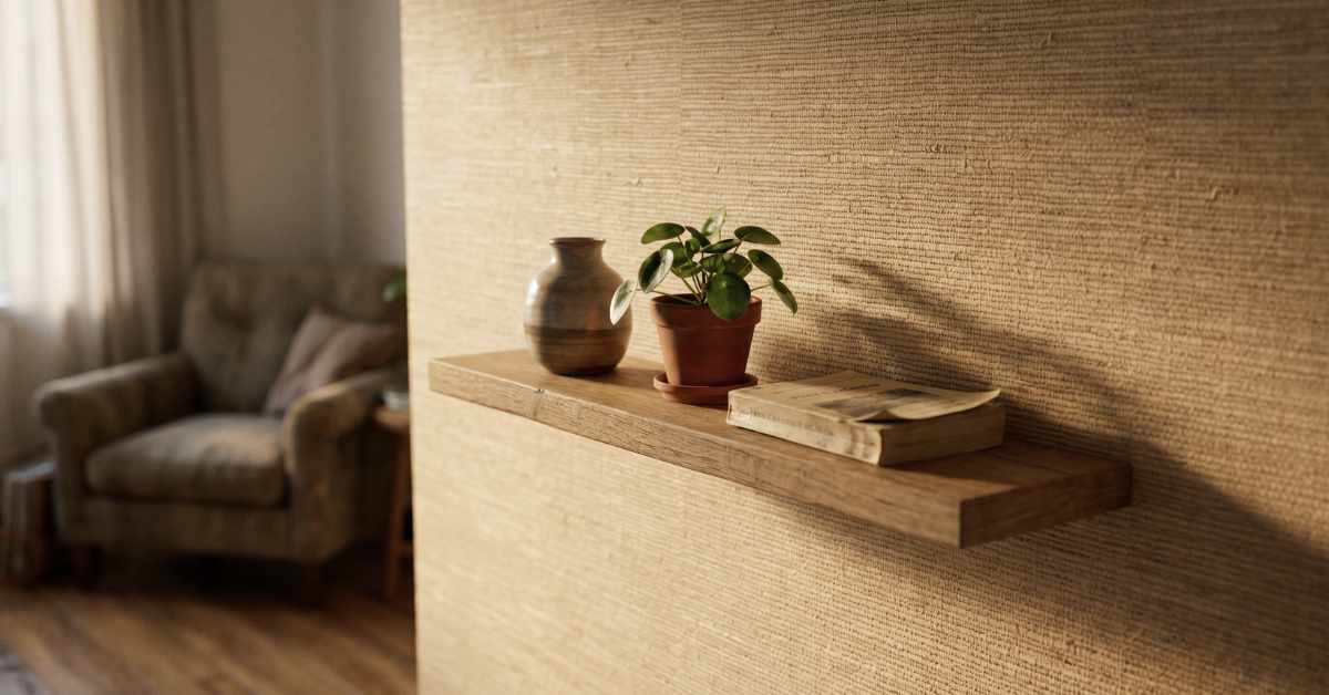 Textured grasscloth-look removable wallpaper in warm sand tone on a rental apartment wall with warm lamp light scattering across the surface