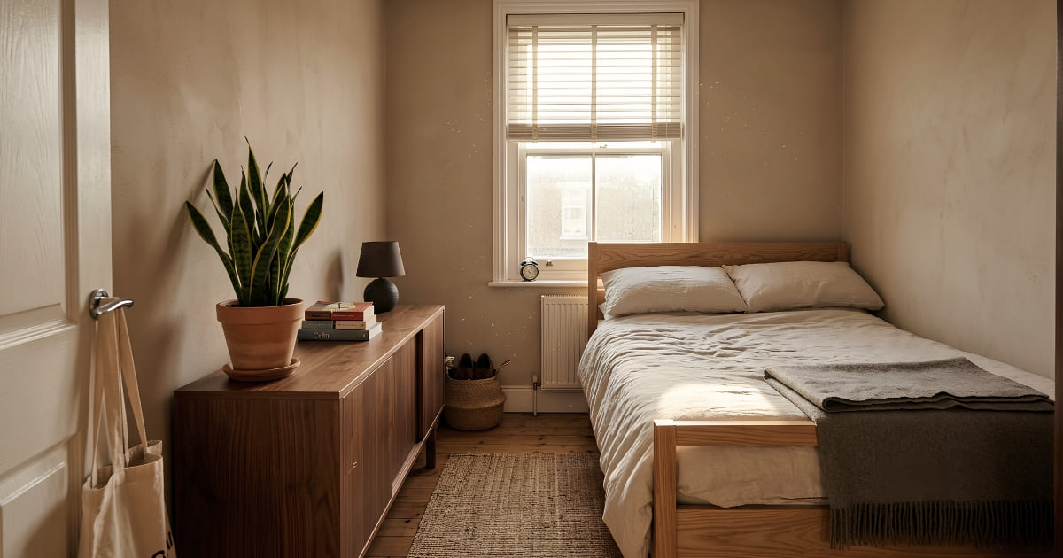 Japandi bedroom styled in a rental apartment with unchanged beige walls, walnut sideboard, and snake plant in afternoon light