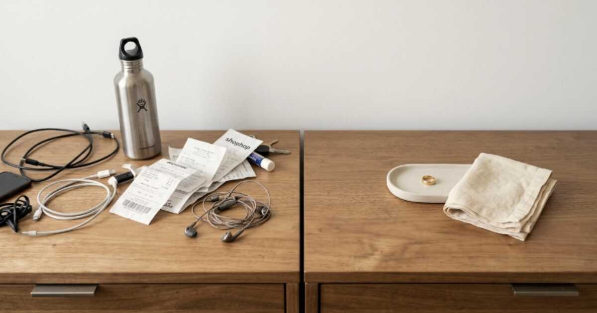 Side-by-side comparison of a cluttered rental bedroom dresser surface versus a clear Japandi-styled dresser with only a ceramic tray in natural light