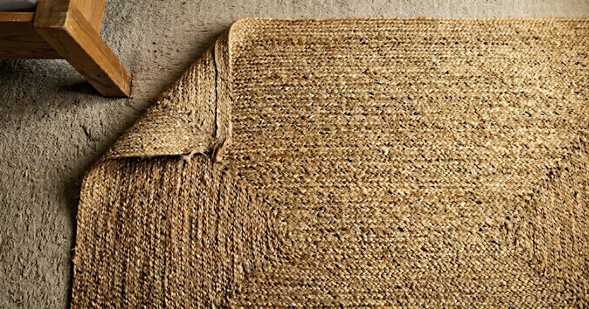 Overhead view of a large undyed jute rug placed over rental apartment carpet in a Japandi bedroom, showing natural texture in afternoon raking light