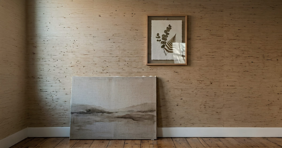 Japandi bedroom accent wall with peel-and-stick grasscloth wallpaper, leaning linen canvas, and Command-strip hung wood frame print