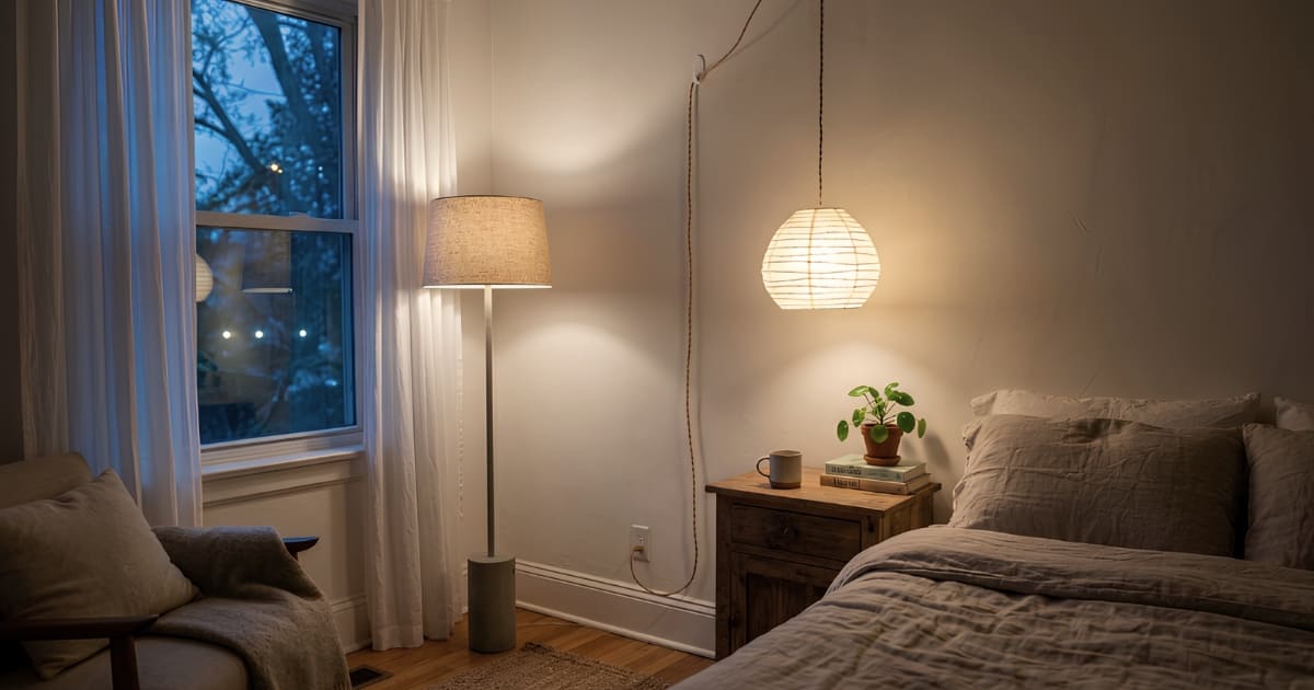 Japandi bedroom corner at dusk with plug-in washi paper pendant lamp and concrete floor lamp glowing warm against blue evening window light