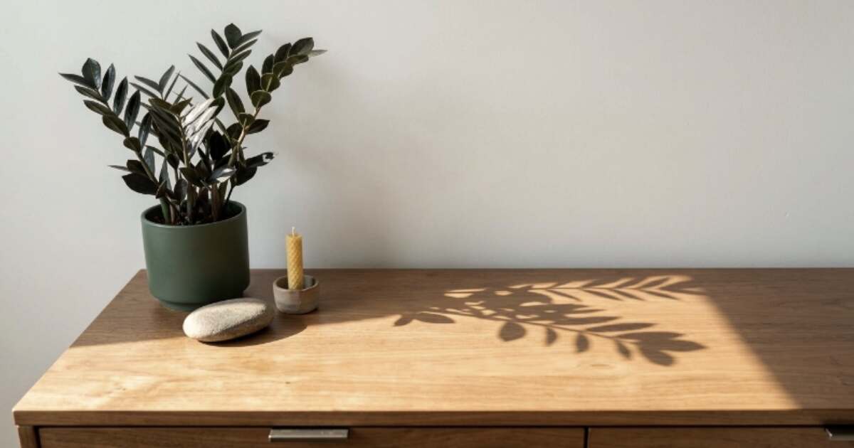 ZZ plant in a matte dark green ceramic pot on a low wood dresser in a Japandi bedroom, with a river stone and beeswax candle in natural side light