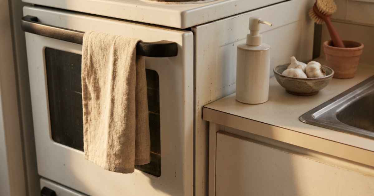 Oat linen tea towel folded over a rental kitchen oven handle beside a matte ceramic soap dispenser, stoneware bowl and terracotta-handled brush styled on the counter