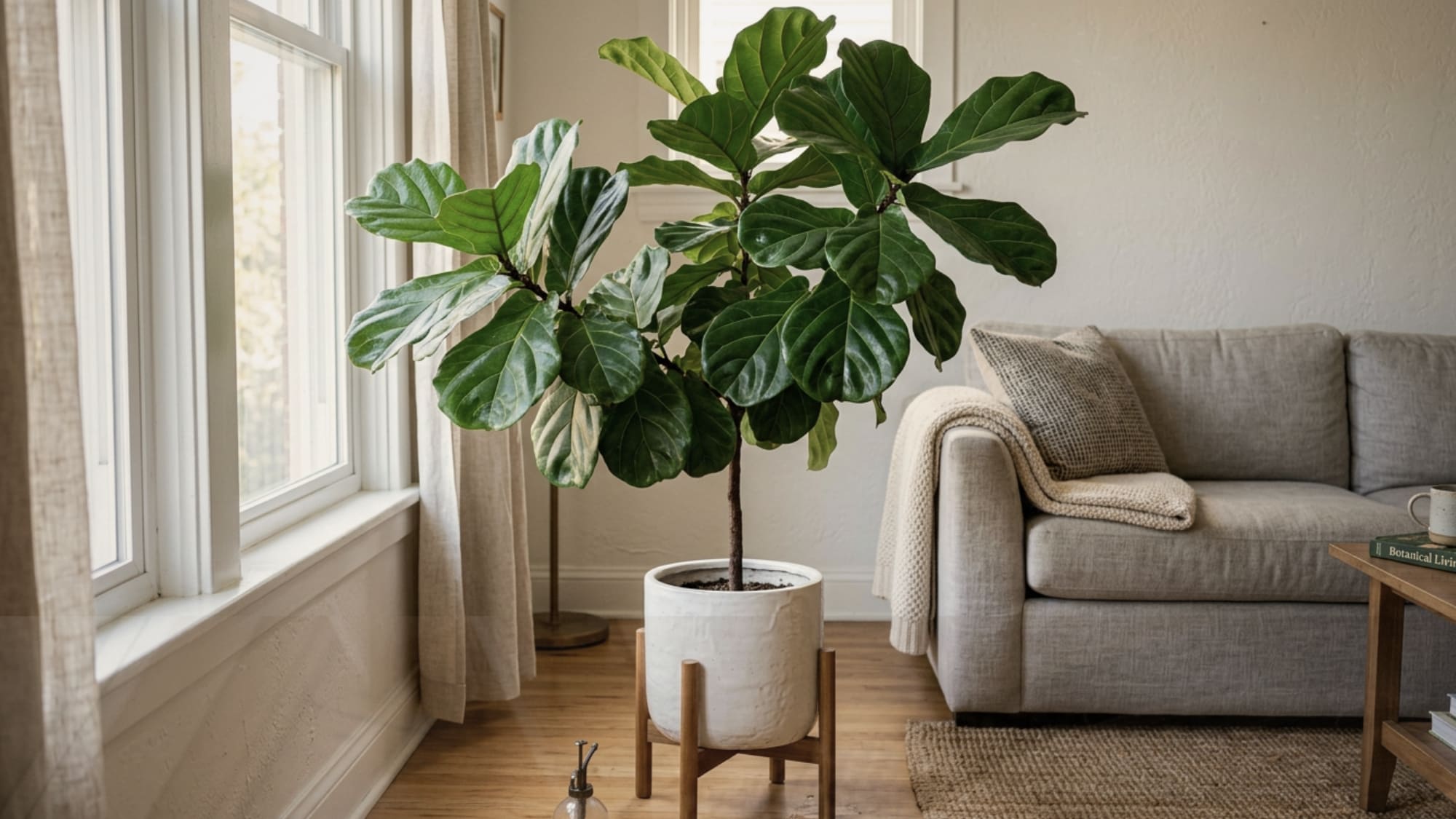 Single large fiddle-leaf fig in a white ceramic pot in the corner of a small bright apartment living room