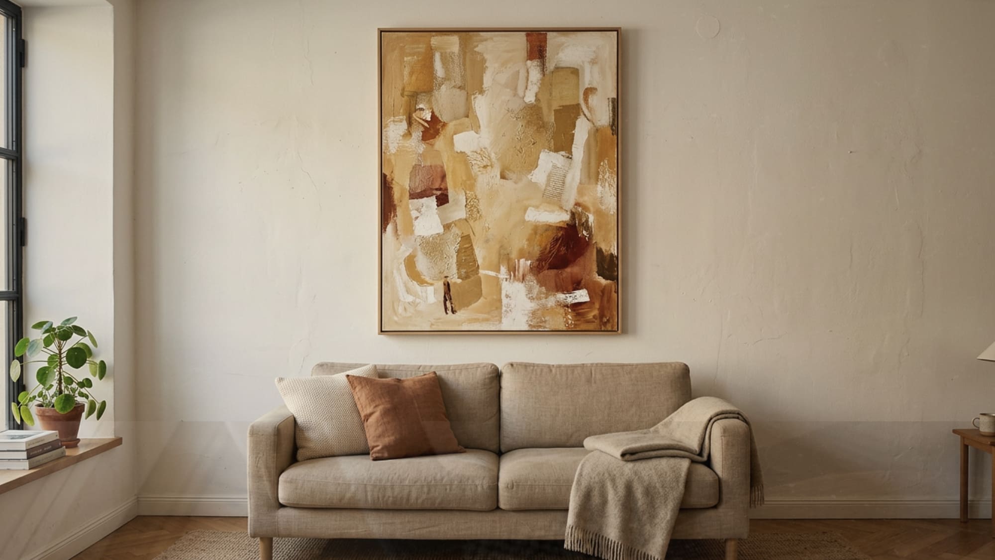 Single large abstract canvas as a focal point on a white wall in a small living room instead of a cluttered gallery wall